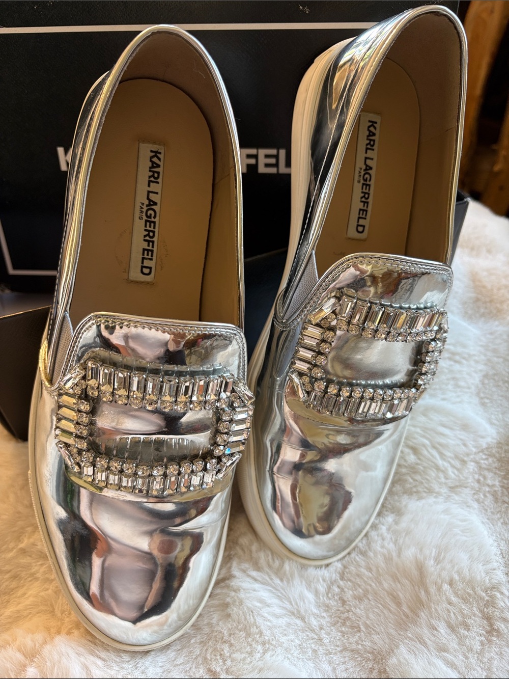 Karl Lagerfeld Silver Crystal Buckle Slip-On Loafers